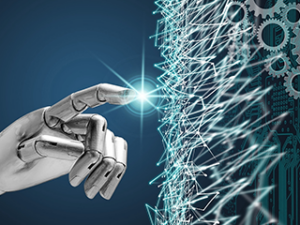 Robotic hand touching a digital web